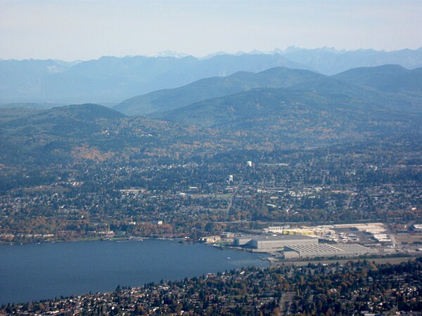 Aerial view of the south end of Lake Washington with a view of Renton Boeing plant at the tip