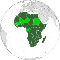 An orthographic projection of the world, highlighting the African Union and its Member States (green).