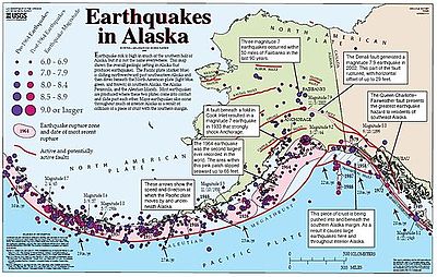 Tectonic map of Alaska and northwestern Canada showing main faults and historic earthquakes Alaska earthquakes.jpg