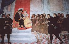 Fernandez de Lugo presenting the captured Guanche kings of Tenerife to Ferdinand and Isabella, 1497 AlonsoFernandezdeLugo2.JPG
