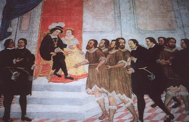 Alonso Fernández de Lugo presenting the captured Guanche kings of Tenerife to Ferdinand and Isabella