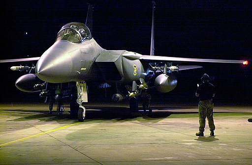 An F-15E Strike Eagle from the 366th Air Expeditionary Wing (AEW), 391st Fighter Squadron, at Mountain Home AFB, Idaho, return to Al Udeid Air Base, Qatar, from their first bombing - DPLA - cb0152139c30df3e6f273bc7d17baeae