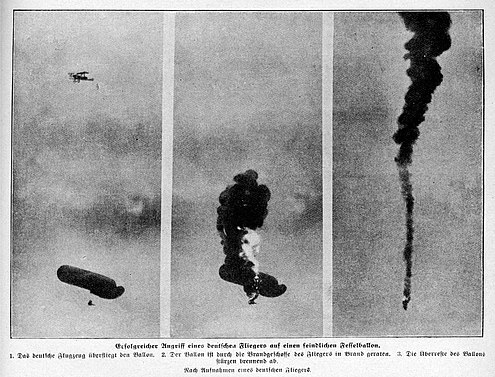 Observation balloon being shot down by a German biplane Angriff auf feindlichen Fesselballon 1918.jpg