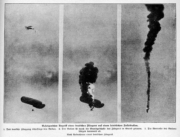 Observation balloon being shot down by a German biplane