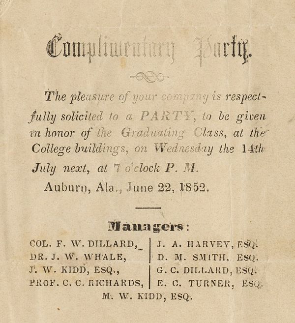 Auburn Female College graduation invitation, 1852