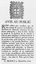 Public notice on the disposal of corpses during the Great Plague, 1720 Avis au public Marseille 1720.jpg