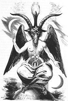 An 1856 depiction of the Sabbatic Goat from Dogme et Rituel de la Haute Magie
by Eliphas Levi. The arms bear the Latin words SOLVE
(dissolve) and COAGULA
(coagulate). Baphomet by Eliphas Levi.jpg