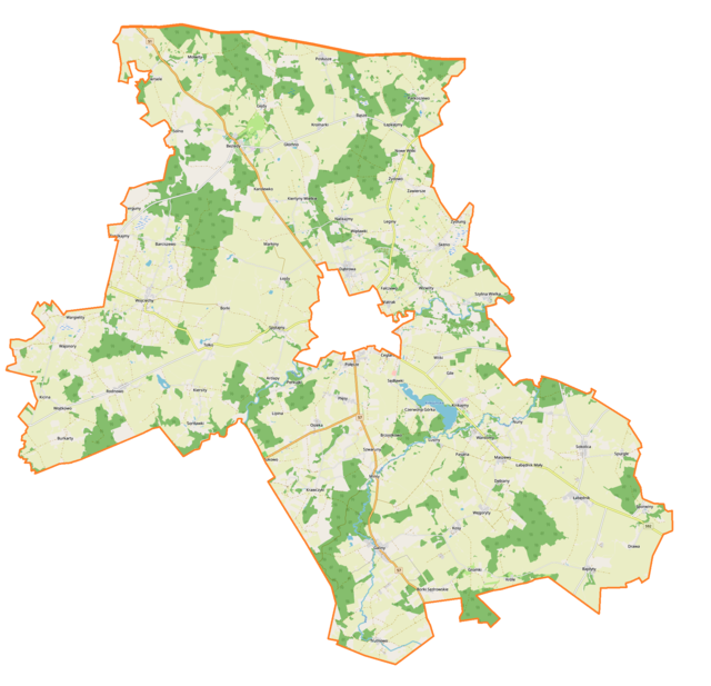 Mapa konturowa gminy wiejskiej Bartoszyce, po lewej znajduje się punkt z opisem „Kościół Matki Boskiej Szkaplerznej”