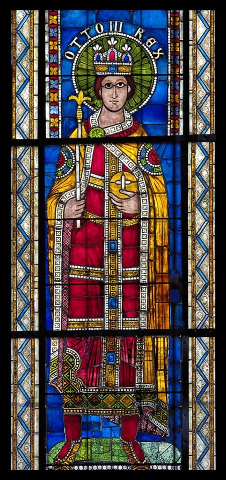 12C stained glass depiction of Otto III, Strasbourg Cathedral