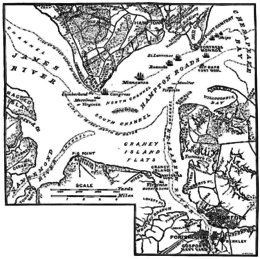 Mappa dell'epoca della Battaglia di Hampton Roads; da Century Magazine, marzo 1885