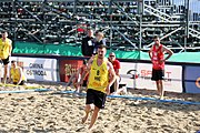 Deutsch: Beachhandball Europameisterschaften 2019 (Beach handball Euro); Tag 1: 2. Juli 2019 – Männer, Vorrunde Gruppe D, Frankreich-Montenegro 2:0 (19:7, 18:9) English: Beach handball Euro; Day 1: 2 July 2019 – Men Preliminary Round Group D – France-Montenegro 2:0 (19:7, 18:9)