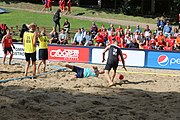 Deutsch: Beachhandball Europameisterschaften 2019 (Beach handball Euro); Tag 1: 2. Juli 2019 – Männer, Vorrunde Gruppe A, Deutschland-Norwegen 2:0 (22:14, 22:20) English: Beach handball Euro; Day 1: 2 July 2019 – Men Preliminary Round Group A – Germany-Norway 2:0 (22:14, 22:20)