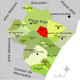 Localización de Bechí respecto a la comarca de la Plana Baixa