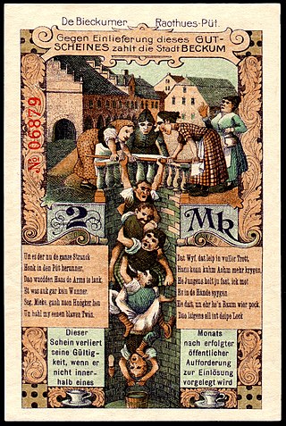 Caricature of the silly attempt to clean the marketplace well in Beckum, Germany. Reverse of a local banknote of 1918.