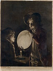 Peter Perez Burdett, Kaksi poikaa puhaltamassa rakkoa kynttilänvalossa, 1773.