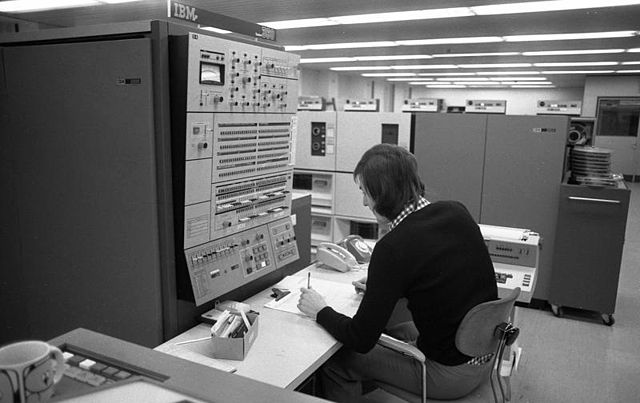 IBM System/360 Model 50 CPU, computer operator's console, and peripherals at Volkswagen
