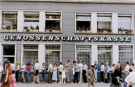 Queue outside a bank in Gera, on 1 July 1990, the day that the GDR adopted the West German currency.