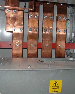 Busbars are used for ground conductors in high-current circuits. Busbars.jpg