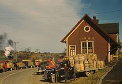 Trucks outside a starch factory in October 1940