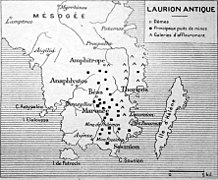 Map of Southern Attica, showing the locations of the mines at Laurion. Carte du Laurion antique.jpg