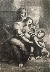 Tableau représentant une femme assise sur les genoux d'une autre qui tend les bras vers un bébé jouant avec agneau.