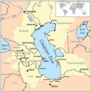 A map of the Caspian Sea drainage basin to which all rivers in Azerbaijan flow to. Caspianseamap.png