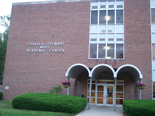 Charles Stewart Mott Academic Center, which is one of three buildings that houses the college's classrooms.