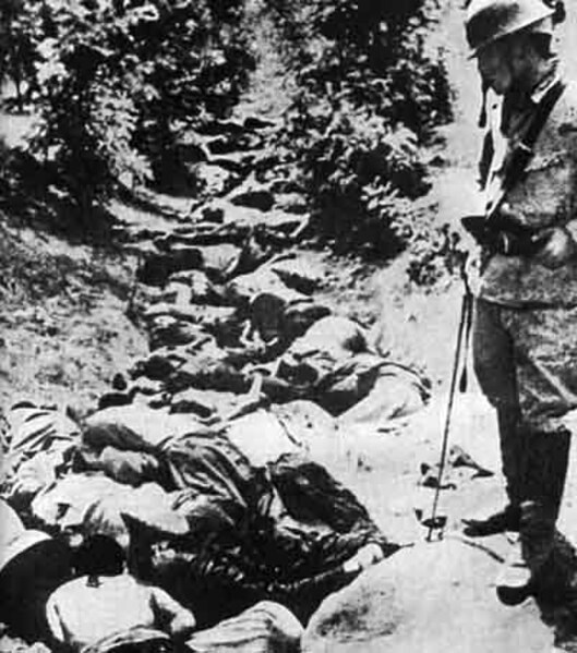 A ditch full of the bodies of Chinese civilians killed by Japanese soldiers in Suzhou, China, 1938