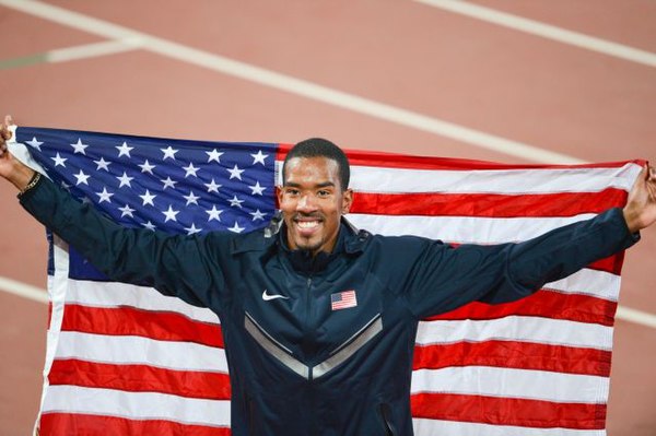 Winner Christian Taylor with the second best jump in history