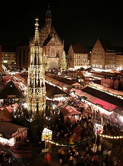 The Christkindlesmarkt in Nuremberg, Germany, is one of the most famous Christmas markets in the world. Christkindlesmarkt nuernberg.jpg