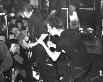 Crass, 1981; N. A. Palmer (left) and Steve Ignorant pictured at Digbeth Civic Hall, Birmingham
