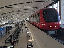 The ExpressTram transports passengers among three stations in the McNamara Terminal. DTW ExpressTram (51415317805) (cropped).jpg