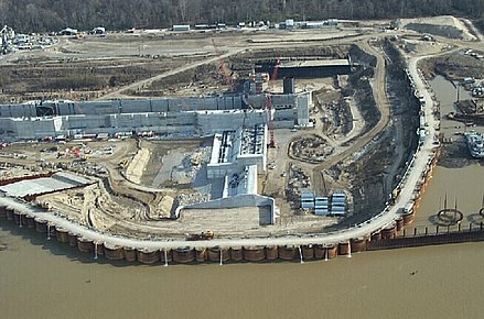 A cofferdam during the construction of locks at the Montgomery Point Lock and Dam
