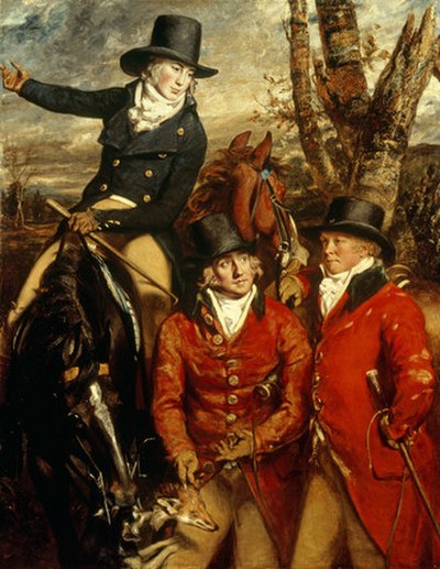 The Rev. William Heathcote (1772–1802), on horseback (son of the 3rd Baronet); Sir William Heathcote of Hursley, 3rd Baronet (1746–1819), holding his 