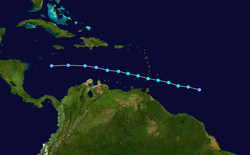 Tropikal bir fırtına izi, Güney Amerika ile Afrika arasında başlar, Küçük Antiller'i geçer ve Karayip Denizi'nde dağılır.