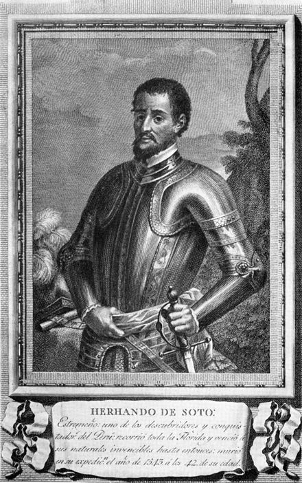 Library of Congress' engraving.The Spanish caption reads:"HERNANDO DE SOTO: Extremaduran, one of the discoverers and conquerors of Peru: he travelled across all of Florida and defeated its previously invincible natives, he died on his expedition in the year 1542 at the age of 42".
