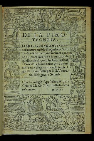 <i>De la pirotechnia</i> 1540 metallurgy book by Vannoccio Biringuccio