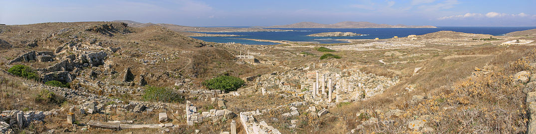 Panoramic view of the ruins of ancient Dilos, Greece