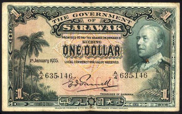 One Sarawak dollar from 1935, featuring Charles Vyner Brooke, the 3rd and last White Rajah of Sarawak