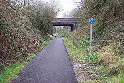 The former Stonehouse and Nailsworth Railway branch to Stroud at Dudbridge, now a cycle path. The road bridge carries Dudbridge Hill Road