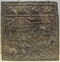 Stone carving from the Eastern Han Dynasty, with depiction of a waterside pavilion overlooking a lake full of fish, turtles, and waterfowl