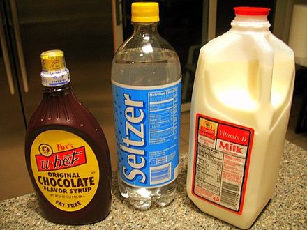 The ingredients of an egg cream: Fox's U-Bet chocolate syrup,[5] seltzer, and whole milk