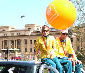 Australia won the 470 class in both men's and women's competition. Pictured here are Elise Rechichi and Nathan Wilmot, the respective skippers. Elise Rechichi and Nathan Wilmot.jpg