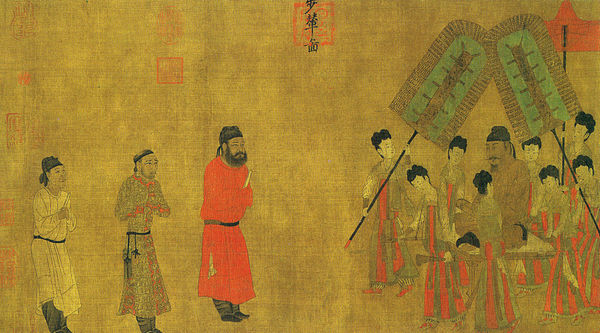 Li Shimin as the Emperor Taizong (seated right), gives an audience to the Tibetan ambassador. Later copy of a 641 painting by Yan Liben