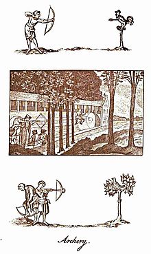 Panels depicting Archery in England from Joseph Strutt's 1801 book, The sports and pastimes of the people of England from the earliest period. The date of the top image is unknown; the middle image is from 1496 and the bottom panel is circa fourteenth century. English Archery - three panels.jpg