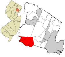 Location of Millburn in Essex County highlighted in red (right). Inset map: Location of Essex County in New Jersey highlighted in orange (left).