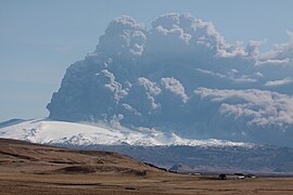 Eruption of Eyjafjallajökull disrupts air travel in Europe.