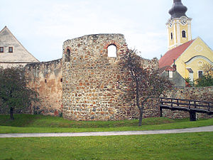 Mautern/Donau: Ruine des westlichen Hufeisenturmes von Westen