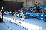 Deutsch: Fechten bei den Olympischen Jugend-Sommerspielen 2018: Tag 1, 7. Oktober 2018, Jungen, Säbel, Viertelfinale - Samuel Jarry (FRA) - Mazen Elaraby (EGY) 14:15 English: Fencing at the 2018 Summer Youth Olympics at 7 October 2018 – Boys' sabre Quarterfinals – Samuel Jarry (FRA) Vs Mazen Elaraby (EGY) 14:15