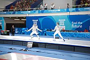 Deutsch: Fechten bei den Olympischen Jugend-Sommerspielen 2018: Tag 1, 7. Oktober 2018, Jungen, Säbel, Finale - Krisztián Rabb (HUN) - Hyun Jun (KOR) (USA) 15:13 English: Fencing at the 2018 Summer Youth Olympics at 7 October 2018 – Boys' sabre Gold medal match – Krisztián Rabb (HUN) Vs Hyun Jun (KOR) (USA) 15:13